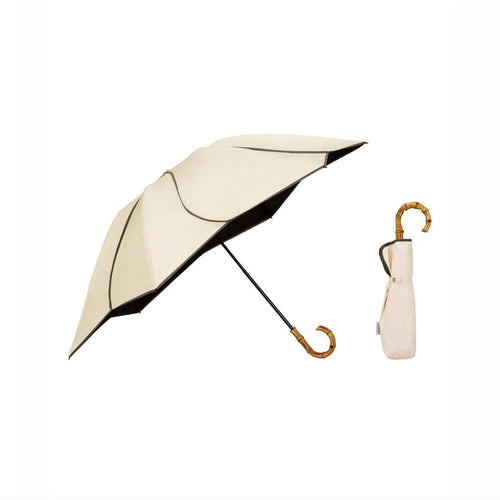 Beige  umbrella Sun/Rain Lotus  with black trim and bamboo handle on a white background