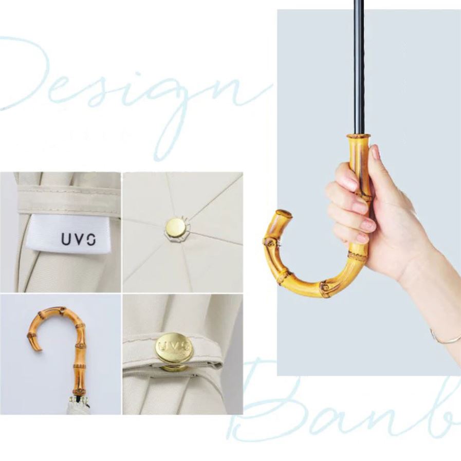 Collage of a beige umbrella Sun/Rain Lotus with a bamboo handle, showing close-ups and a hand holding it.