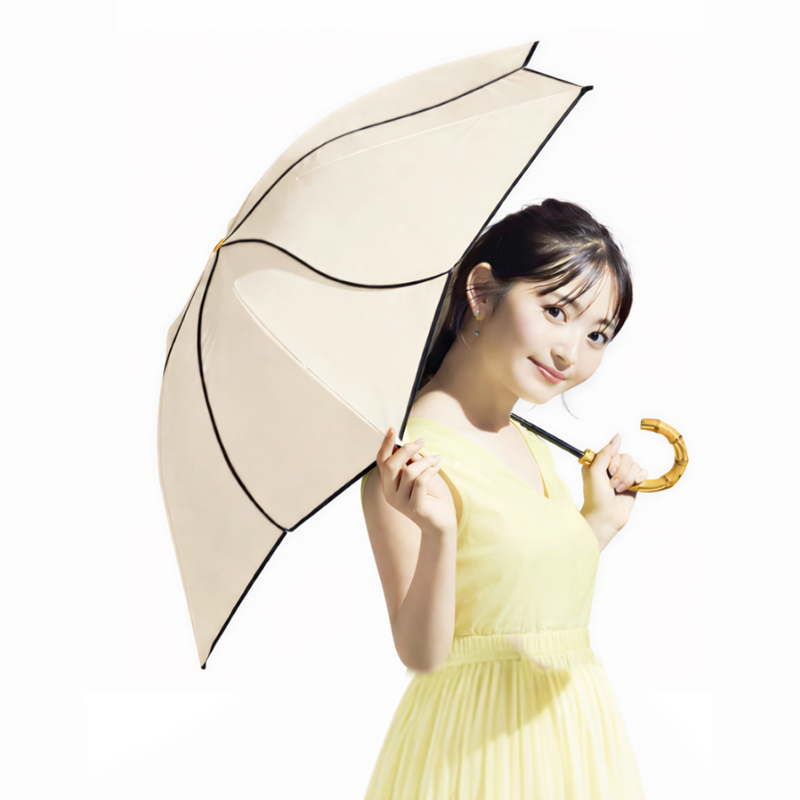Woman in a yellow dress holding a beige Umbrella Sun_Rain_Lotus on a white background